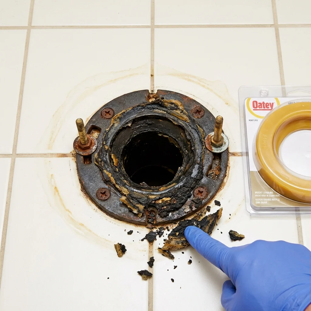 Failed wax ring showing water seepage at the base of a toilet in a Wilson, OK home